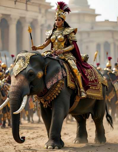 A woman dressed in a golden costume is riding an elephant on a dirt road. The elephant has a red and gold blanket draped over its back and the woman holds a staff in her hand.