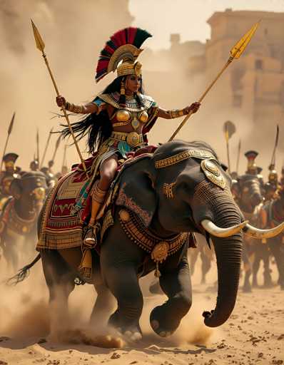 The image depicts a striking scene of a woman riding an elephant, both adorned in elaborate gold and red attire. The woman, who appears to be of Native American or possibly Egyptian descent, is dressed in a gold bra and a gold skirt, with a grand headdress featuring a red and black feathered crest. She holds a golden spear in each hand, adding to her imposing presence. The elephant is equally ornate, draped in a red and gold blanket and wearing a gold headpiece. The background is filled with dust, suggesting movement, and features other similarly dressed figures on both elephants and horses, all carrying spears. The setting appears to be a desert, with a large building visible in the distance, enhancing the ancient and majestic atmosphere of the scene.