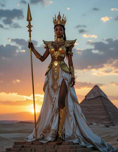 A woman dressed as a queen stands on a stone pedestal with her right hand holding a spear and her left hand resting on the pedestal. She is wearing a white dress adorned with gold accents and a crown on her head. The setting sun casts an orange glow over the scene, creating a warm and inviting atmosphere.