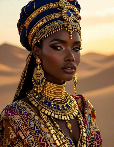 The image shows a woman wearing traditional African attire and jewelry. She is positioned against the backdrop of a desert landscape with sand dunes under a clear sky. The woman's face is turned towards the camera, and she has her hair styled in an elegant updo.