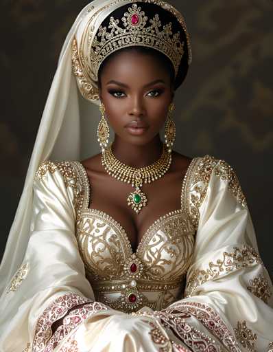 A woman is captured in a moment of quiet elegance against a dark background. She wears a white dress with gold accents and a large headpiece adorned with jewels that sparkle under the light. The woman's face is turned towards the camera, her gaze meeting the viewer directly.