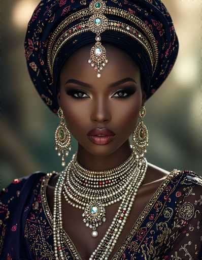 This image features a stunning portrait of a dark-skinned woman, possibly of African or Middle Eastern descent, adorned in traditional attire. She wears an elaborate black headdress embellished with intricate gold and red designs, from which a jewel hangs gracefully between her eyebrows. Her makeup is meticulously applied, highlighting her expressive eyes and full lips. She is dressed in a luxurious black gown adorned with gold and red patterns, and her neck is adorned with multiple strands of pearls, each featuring a central jewel. The overall composition exudes elegance and cultural richness.