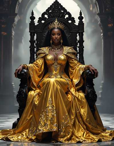 The image portrays a regal African-American woman seated on an ornate, black throne. She is adorned in a luxurious, gold dress that features intricate designs and a low-cut neckline, complemented by a matching gold cape. Her ensemble is accentuated by a golden crown and a large, elaborate necklace. The woman's long, black hair cascades down her back, and she wears long, dangling earrings. Her expression is serious, with her gaze directed straight ahead. The throne, which has a pointed top and two spires on either side, is set against a backdrop of a grand, castle-like interior with marble floors and columns. The overall scene exudes an air of majesty and grandeur, reminiscent of a queen or princess in a fairy tale.