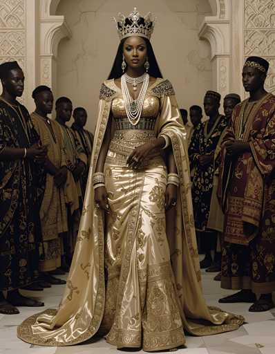 The image depicts a woman wearing an ornate gold and beige dress with a large crown on her head, standing in front of a group of people dressed in traditional African clothing. The background features a white wall adorned with intricate carvings, creating a sense of grandeur and opulence.