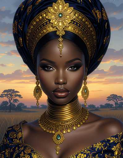 This image portrays a strikingly beautiful African woman adorned in traditional attire. She wears an elaborate blue and gold headpiece that resembles a turban, intricately decorated with a large flower at the front. A golden chain dangles from the flower, resting on her forehead. Her face is accentuated with heavy eye makeup and bold red lipstick, and she gazes directly at the viewer with a serious expression. She is adorned with long, dangling gold earrings and a thick, ornate gold necklace featuring a prominent blue gemstone at its center. Her dress is a matching blue and gold ensemble, with a low-cut neckline that reveals her shoulders. The background depicts a serene landscape with a blue sky, scattered clouds, and a field of tall grass, with a few trees visible in the distance. The overall scene exudes a sense of regal elegance and cultural richness.