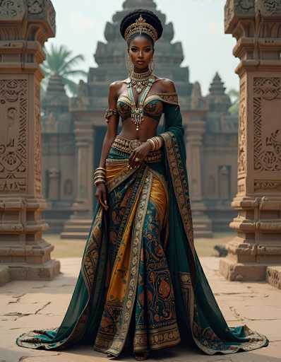 A stunning photograph captures a dark-skinned woman adorned in an exquisite Indian outfit, standing gracefully in front of an ancient temple. Her hair is elegantly styled into a large bun, crowned with a golden headpiece that adds a regal touch to her appearance. She wears large, dangling gold earrings that complement her ornate necklace, which features a prominent pendant hanging down her chest. Her attire includes a gold and green bra-like top, with one strap artistically draped over her left shoulder, leaving her right shoulder bare. Her midriff is exposed, showcasing her toned abdomen. She is adorned with multiple bracelets on both wrists and a ring on her left hand. Her skirt is a stunning combination of gold and green, embellished with intricate patterns and a long, flowing tail that extends to the ground. The backdrop reveals an ancient temple with tall, brownish columns and a grand staircase leading up to a towering structure, adding to the photograph's timeless and majestic atmosphere.