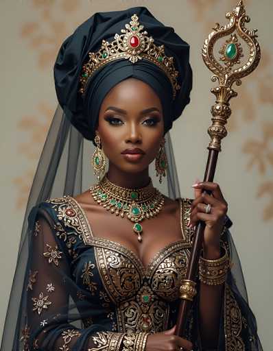 The image depicts a strikingly beautiful African-American woman adorned in elaborate royal attire. She wears a grand, ornate headdress that resembles a crown, featuring a prominent red jewel at its center. The headdress is intricately designed with gold accents and green jewels, and it sits atop a black turban-like structure. A sheer veil cascades from the back of her head, adding to the regal appearance.

Her dress is a stunning combination of black and gold, with intricate gold designs and patterns that cover her chest and shoulders. The dress is low-cut, revealing a hint of cleavage, and it is adorned with green jewels that match the ones in her headdress. She wears large, dangling gold earrings with green jewels, and a matching choker necklace that features a prominent green jewel at its center, along with a pendant that hangs down her chest.

In her left hand, she holds a scepter that is brown with gold accents and topped with a green jewel. Her nails are painted pink, and she wears a ring on her left ring finger. The background is a muted gray with subtle brown accents, which makes her vibrant and detailed attire stand out even more. The overall impression is one of majesty and elegance, as if she is a queen or princess from a far-off land.