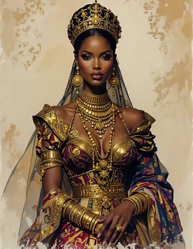 This image portrays a striking African-American woman adorned in regal attire, reminiscent of a queen or princess. She wears an elaborate gold crown, intricately designed with a cross at the front and surrounded by small figures. Her makeup is bold, featuring dark eyeshadow and lipstick, enhancing her regal appearance. Large, circular earrings with gold centers dangle from her ears, complementing her ornate gold necklace, which is adorned with a prominent medallion at the center.

Her dress is a stunning combination of gold and burgundy, with a deep neckline that reveals a hint of cleavage. The dress is embellished with gold accents and features a gold belt cinching her waist. Her arms are adorned with numerous gold bracelets, and she wears a large ring on her left hand. A sheer veil drapes behind her head, adding to her majestic aura.

The background is a light tan color, with darker tan splotches scattered around the edges, providing a subtle contrast to her vibrant attire. The overall composition highlights her as a powerful and elegant figure, evoking a sense of ancient royalty.