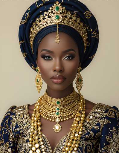 This image features a striking portrait of a black woman adorned in elaborate, regal attire. She wears a large, ornate blue headpiece that resembles a turban, intricately decorated with gold accents and adorned with green jewels. The headpiece includes a prominent jewel that hangs between her eyebrows, adding to the majestic appearance. Her face is made up with dark eyeshadow and lipstick, enhancing her regal look.

Her ears are adorned with large, dangling gold earrings, each featuring a green jewel at the center. Around her neck, she wears an elaborate multi-layered gold necklace, with each layer adorned with green jewels. The necklace features a central pendant that hangs down her chest, adding to the grandeur of her ensemble.

She is dressed in a blue gown with intricate gold designs, which complements the headpiece and necklaces. The gown is richly decorated with gold patterns, including floral motifs and swirls, giving it a luxurious and opulent appearance. The overall effect is one of extreme elegance and regality, reminiscent of a queen or a figure of great importance.