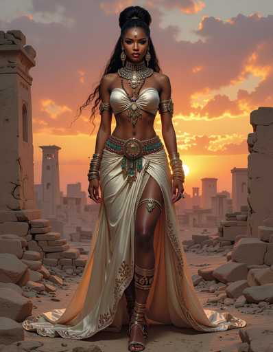 A woman stands in front of a backdrop featuring ruins and a sunset. She is wearing a white dress with gold accents and gold jewelry that includes earrings and bracelets. The sky behind her is painted orange by the setting sun, creating a warm glow over the scene.