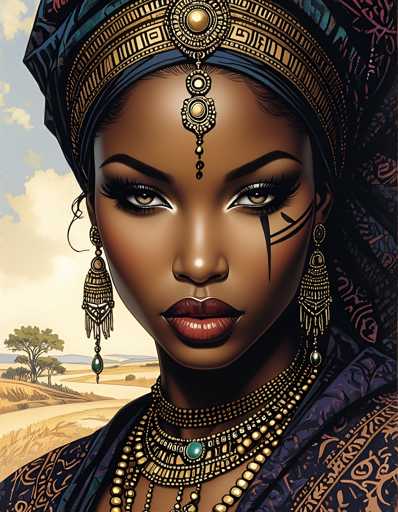 The image depicts a woman with dark skin and long hair wearing a headpiece adorned with gold accents. She is positioned against the backdrop of a desert landscape featuring trees and mountains under a clear blue sky. The colors in the image are predominantly earth tones, with the woman's dark skin contrasting against the lighter hues of her surroundings.