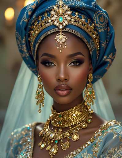 A stunning portrait of a Black woman adorned in exquisite traditional African bridal attire. She is the focal point, her gaze direct and captivating, with a rich, warm skin tone. Her makeup is meticulously applied, emphasizing her eyes with dark, defined eyeliner and subtle eyeshadow, complemented by a soft, rosy lip color. Her hair is styled in an elaborate headpiece, featuring a vibrant blue and gold patterned turban embellished with intricate gold jewelry. 

The jewelry is equally ornate, including a statement necklace and matching earrings in gold and emerald green, further enhancing the overall opulent look. The attire is a beautiful light blue fabric with gold embroidery and detailing, adding to the richness of the ensemble. The background is softly blurred, drawing all attention to the woman's face and the intricate details of her traditional outfit. The lighting is soft and flattering, highlighting the textures and colors of the clothing and jewelry.