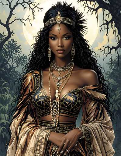 This image portrays a striking, AI-generated depiction of an African-American woman with long, wavy black hair adorned with a gold and silver headband featuring a prominent jewel hanging between her eyes. She is dressed in an elaborate, off-the-shoulder blue and gold bra top, complemented by a flowing, cream-colored skirt with intricate gold designs. Her attire is further embellished with numerous pieces of jewelry, including long, dangling earrings, multiple necklaces, and bracelets. The woman's pose is graceful, with her hands folded in front of her, showcasing rings on her fingers. The background sets a mystical scene with a large, glowing full moon partially obscured by bare, dark trees, and a lush forest of green trees and bushes. The overall composition exudes a sense of elegance and otherworldly beauty.