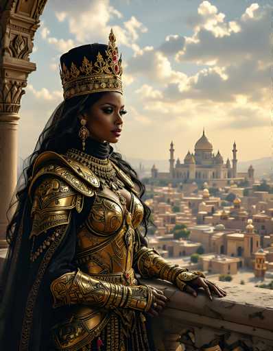A regal, dark-skinned woman in an ornate golden and black armor ensemble stands on a balcony overlooking a sprawling city. She wears a detailed, dark-colored cape with golden accents and an elaborate golden crown adorned with jewels. Her long, black hair cascades down her shoulders, and she gazes thoughtfully towards the distant cityscape with a serene expression. The city below is a vibrant mix of buildings in warm, earthy tones, bathed in the soft glow of a setting sun. The sky is a blend of pale blue and warm oranges, with wispy clouds adding depth to the scene. The balcony is intricately decorated with golden pillars and railings, suggesting a grand, historical setting. The overall mood is one of power, elegance, and quiet contemplation.