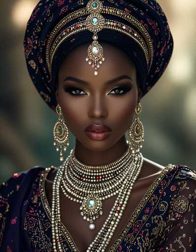 The image shows a woman wearing traditional African attire and jewelry. She is positioned against a blurred background that suggests an outdoor setting or a busy street. The woman's face is the main focus of the image, with her features prominently displayed.