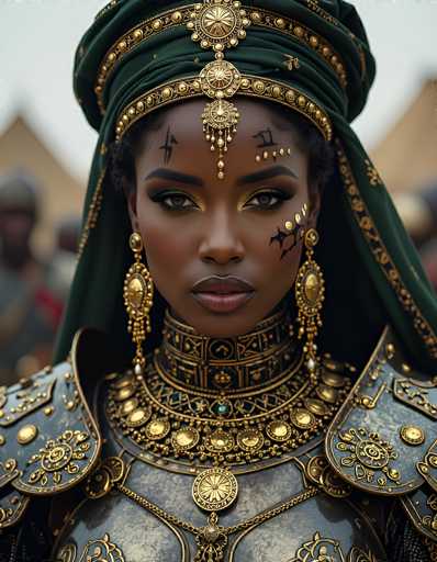 The image depicts a striking, AI-generated portrayal of an African woman adorned in elaborate, ancient-style armor. She wears a dark green turban with intricate gold accents, including a central medallion that dangles between her eyes. Her face is adorned with gold and black markings, including a cross on her forehead and a horse on her cheek, enhancing her fierce and powerful appearance. She has dark brown eyes, long eyelashes, and full lips, with a gold earring in each ear. Her armor is a combination of silver and gold, featuring a high collar with intricate designs and shoulder pads. The background is blurred, with indistinct figures that suggest a military setting, adding to the overall dramatic and historical ambiance of the image.