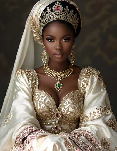 The image portrays a striking African-American woman adorned in an elaborate, regal outfit. She wears a grand, golden crown embellished with a prominent red jewel at its center, and the crown's intricate design extends down to her forehead. Her attire is a luxurious white gown, richly decorated with gold embroidery and intricate patterns. The dress features a low-cut neckline, revealing a hint of cleavage, and is further embellished with red jewels and white pearls. Her long sleeves are adorned with gold accents, and her arms are crossed in front of her. She accessorizes with long, dangling earrings that match the ornate style of her crown, and a thick, golden necklace with a large green jewel at its center. The background is a muted gray, which accentuates the vividness of her attire and the regal aura she exudes.