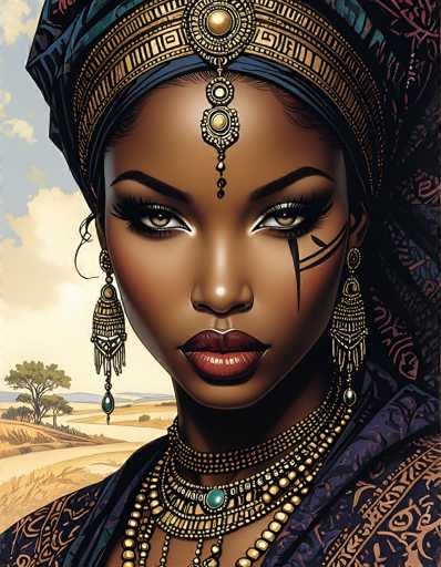 This detailed illustration depicts a striking black woman adorned in elaborate, ancient Egyptian-inspired attire. She wears a grand headdress that combines elements of a crown and turban, featuring intricate gold and blue patterns. A prominent jewel hangs from the front of the headdress, resting on her forehead and extending down to her nose. Her makeup is bold, with thick black eyeliner and red lipstick, complemented by a distinctive black line extending from her left eye. She is adorned with long, dangling gold earrings and multiple gold necklaces, including a prominent turquoise pendant. Her attire includes a dark blue robe with gold accents. The background showcases a vast, arid landscape with a winding dirt road, sparse trees, and distant mountains under a blue sky dotted with white clouds. The overall scene evokes a sense of ancient Egyptian mystique and grandeur.
