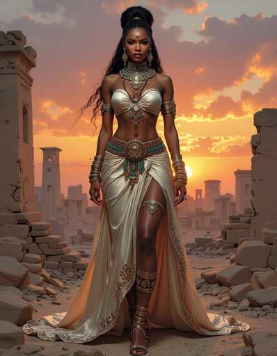 The image depicts a striking scene of a woman standing in a desert landscape at sunset. She is adorned in elaborate, ancient Egyptian-style attire, featuring a white dress with intricate gold and blue accents. The dress is complemented by a matching belt and a large, ornate necklace. Her ensemble includes gold armbands, bangles, and rings, and she wears gold sandals that extend up her legs. Her hair is styled in a bun with long, flowing black hair cascading down her back. The background reveals a cityscape of ancient stone buildings, some in ruins, with the sun setting behind them, casting a warm glow across the scene. The sky is a blend of orange and blue hues, adding to the overall ancient and mystical atmosphere of the image.