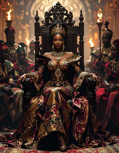 In this captivating image, a regal woman is seated on an ornate throne, exuding an aura of power and elegance. She is adorned in a stunning dress that features a striking combination of gold, red, and black hues. The dress is intricately designed with a deep neckline that plunges down to her waist, revealing a generous amount of cleavage. The fabric is richly textured, with the upper part of the dress showcasing a luxurious gold and red pattern, while the lower part transitions into a deep black adorned with gold accents.

Her ensemble is complemented by an elaborate necklace that drapes down to her waist, adding to her majestic appearance. She wears a golden crown that sits atop her head, further emphasizing her royal status. Her arms rest gracefully on the armrests of the throne, and she gazes directly at the camera with a composed expression.

The throne itself is a masterpiece of craftsmanship, made from dark brown wood. It features a high backrest with intricate carvings, including a central design that resembles a flower. The armrests are also intricately carved, adding to the throne's grandeur.

Surrounding the woman are several individuals, all dressed in equally elaborate attire. To her left and right, people in red and gold dresses sit attentively, while behind her, men in gold and red outfits hold torches aloft, casting a warm glow over the scene. The floor beneath her is covered in a red carpet with intricate patterns, enhancing the opulent atmosphere of the setting.
