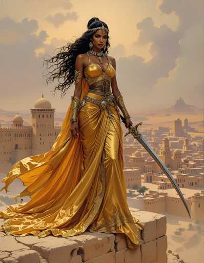 The image depicts a striking scene set against a backdrop of a desert city at either sunrise or sunset, characterized by a warm, orange hue. The sky is filled with clouds, adding depth to the scene. In the foreground, a woman stands poised on a stone ledge, her long, wavy black hair cascading down her back. She wears an elaborate gold dress with a low-cut top, complemented by a matching gold belt and armbands. Her ensemble is adorned with intricate jewelry, including a necklace, earrings, and a headpiece that drapes elegantly over her forehead. She holds a long silver sword with a gold handle, exuding an aura of strength and elegance. The city behind her features numerous buildings with domed roofs, reminiscent of Middle Eastern architecture, and the ground below is a sandy expanse dotted with sparse greenery. The overall composition suggests a blend of ancient and fantastical elements, creating a captivating and detailed visual narrative.