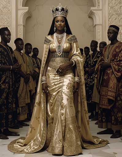 In this captivating photograph, a regal African woman stands at the center, exuding an aura of elegance and power. She is adorned in a stunning gold dress embellished with intricate floral patterns and delicate lace details. The dress features a unique design with one side slightly higher than the other, adding a touch of asymmetry to her ensemble. Draped over her shoulders is a luxurious gold cape, which complements her attire perfectly. Her accessories are equally impressive, including a large, ornate crown that rests atop her long, flowing black hair, and a series of gleaming gold necklaces that catch the light. Her hands are adorned with multiple rings, and she wears a bracelet on her right wrist, adding to her royal appearance.

Surrounding her are several men, all dressed in traditional African attire. They wear long robes in various colors, each decorated with unique patterns, reflecting the rich cultural heritage of their land. The men's heads are covered with distinctive hats, further emphasizing their traditional dress. The setting appears to be a grand palace, with an ornate white wall serving as the backdrop. This wall features a large, arched opening, adding to the majestic atmosphere of the scene. The floor beneath them is tiled in white, completing the elegant and regal ambiance of the photograph.