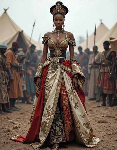 In this captivating image, a striking black woman stands at the center, adorned in an elaborate and ornate dress. Her hair is styled in a bun, crowned with a golden headpiece that adds to her regal appearance. She wears a thick, jeweled necklace that complements her dress, which features a bustier top with intricate gold and green patterns. The dress itself is a masterpiece of design, with a black belt adorned with a large gold medallion cinching her waist. The skirt is split at the front, revealing a red interior lined with gold, while the exterior is a cream color embellished with gold floral patterns. A red sash drapes elegantly over her shoulders, adding a touch of drama to her ensemble.

Her arms are adorned with gold cuffs that match the ornate nature of her attire. She stands on a dirt ground, surrounded by a group of men who are dressed in similarly elaborate but less formal attire. Some of these men wear helmets and carry spears, suggesting a ceremonial or historical setting. Behind them, a series of white tents are visible, hinting at a gathering or event of significance. The sky above is a light blue, providing a serene backdrop to this richly detailed scene.