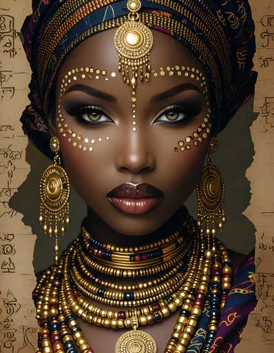 The image shows a close-up portrait of a woman with dark skin and large, striking eyes. She is wearing a headpiece adorned with gold beads that glisten under the light. The background features a grayish-brown color, providing a neutral backdrop for the woman's vibrant appearance.