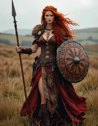 A woman with red hair and a long dress stands in a field, holding a spear and wearing a shield on her head.
