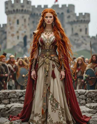 The image depicts a striking scene reminiscent of a medieval fantasy setting. At the center stands a woman with long, flowing red hair adorned with a silver headpiece. She is dressed in an elaborate white gown embellished with intricate gold and blue patterns, cinched at the waist with a brown belt featuring a prominent circular buckle. A red cape drapes elegantly over her shoulders, and her arms are adorned with gold bracelets and metal gauntlets. Her expression is serious, and she gazes directly at the viewer.

Behind her, a group of men dressed in medieval attire, complete with helmets and large round shields, stand in formation. They appear to be part of a guard or an army, adding to the scene's medieval ambiance. The background is dominated by a grand castle constructed from a mix of white, brown, and gray stones, rising majestically with multiple towers and parapets. The castle's architecture is detailed, with numerous windows and a flag fluttering atop one of the towers.

The overall composition suggests a scene from a fantasy movie or TV show, capturing the essence of a medieval world with its richly detailed costumes and imposing castle backdrop.