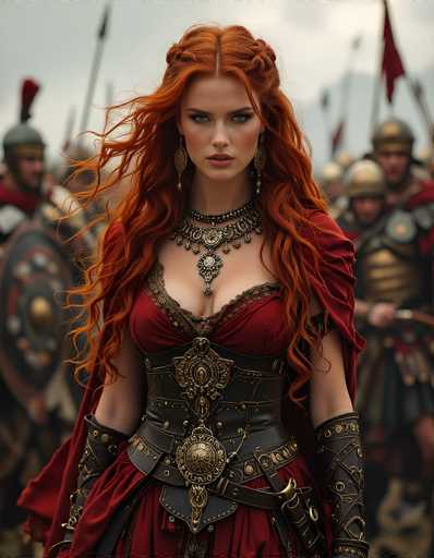 The image depicts a striking scene reminiscent of a movie or TV show, featuring a woman with long, wavy red hair that cascades down to her chest. She is adorned in a red dress with intricate black and gold details, including a corset-like top and a black leather belt with a gold buckle. Her ensemble is complemented by black leather arm guards, also embellished with gold accents. She wears a heavy, ornate necklace with a central pendant, and her ears are adorned with long, dangling earrings. The woman's expression is one of intense focus, as she gazes directly at the camera. In the background, a group of men dressed in gold armor and helmets, some carrying flags, adds to the grandeur of the scene. The overall composition suggests a moment of high drama or a pivotal scene in the narrative.