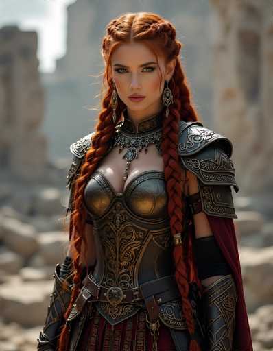 The image depicts a striking young woman with long, vibrant red hair styled in two braids that cascade down her chest. She has a fair complexion and captivating green eyes, accentuated by her bold red lipstick. Adorning her ears are long, dangling earrings that add to her regal appearance. She is dressed in an elaborate outfit featuring a gold and black breastplate, complemented by a matching skirt. Her ensemble is further enhanced by a large, ornate necklace that sits just below her neck, and a substantial belt cinched around her waist. She also wears black and gold arm guards that extend from her elbows to her wrists. The background is a blurred mix of gray and white hues, with indistinct shapes that resemble rocks and possibly a building, adding a sense of mystery to the scene.
