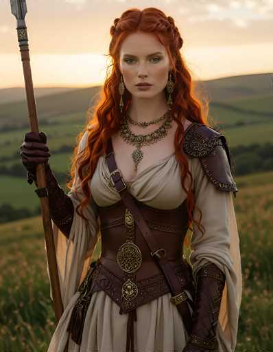 The image depicts a striking woman with long, wavy red hair cascading down her shoulders. She is dressed in a medieval-style outfit, featuring a beige dress with a brown leather corset and a leather skirt. Her attire is accentuated by a leather strap that crosses her chest, adorned with a large circular pendant. She wears a series of ornate necklaces, including a choker and a longer necklace with a pendant. Her hands are covered in brown leather gloves, and she holds a wooden spear with a silver tip in her right hand. The background reveals a serene landscape of rolling green hills and a sky tinged with the hues of a setting sun, casting a warm glow over the scene. The woman gazes directly at the camera, her expression serious and captivating.