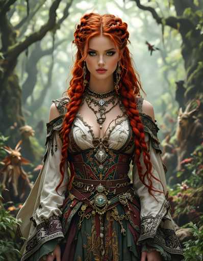 A woman with red hair and a green dress stands in front of trees in a forest, wearing a necklace and earrings that glint under the light.
