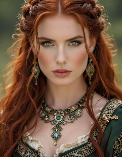 A woman with long red hair wearing a green and gold dress and earrings is the main subject of this image. The background appears to be blurred, suggesting that she might be standing outdoors or in an indoor setting such as a studio.