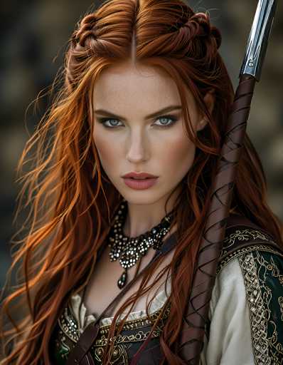 The image depicts a highly detailed, computer-generated portrayal of a young woman with striking features. She has long, flowing red hair that cascades down her back, with a section intricately braided on either side of her head. Her complexion is fair, and her eyes are a captivating blue, framed by dark eyebrows. Her lips are painted a soft pink, and she gazes directly at the viewer with a serious expression.

She is adorned in a white blouse, over which she wears a black leather vest. The vest is richly decorated with gold and silver embellishments, including intricate patterns and a prominent gold chain. A black leather strap, detailed with silver accents, crosses her chest and holds a large, ornate sword. The sword's handle is wrapped in brown leather, with a silver pommel, and its blade is also silver.

The background of the image is a muted gray, which further accentuates the vivid colors and intricate details of her attire and appearance. The overall composition suggests a character from a fantasy or historical setting, possibly reminiscent of a warrior princess or a character from a high-fantasy video game.