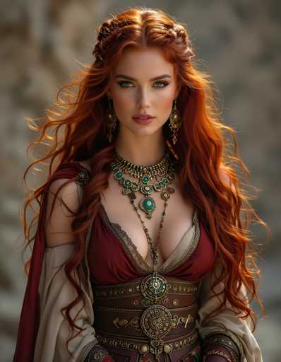 A woman with long red hair wearing a red and gold dress with a green necklace and earrings stands against a stone wall backdrop.