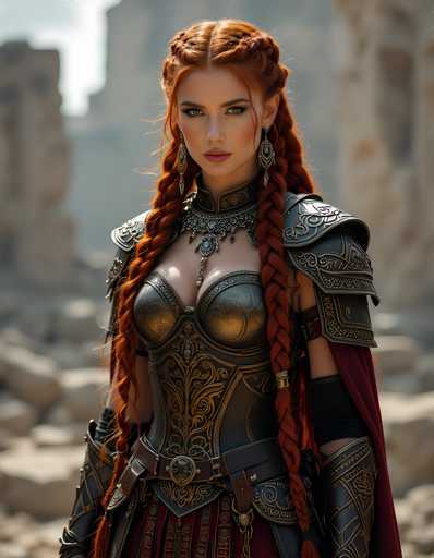 A woman with red hair and a gold armor suit stands in front of ruins, wearing a red cape and holding a sword.