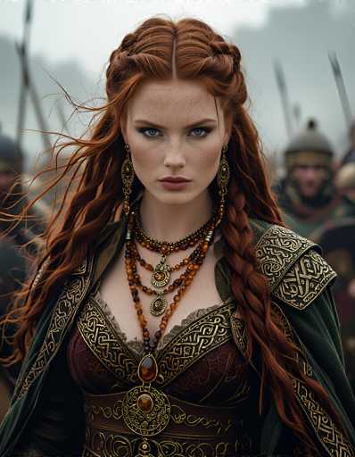 The image depicts a highly detailed, computer-generated portrayal of a fierce female warrior, possibly from a video game or a fantasy setting. She has long, wavy red hair styled into two braids that drape over her shoulders. Her face is adorned with freckles and she has striking blue eyes, a small nose, and full lips. She wears large, dangling gold earrings and multiple necklaces featuring gold pendants and beads in shades of brown, orange, and black. Her attire includes a dark green, ornate cloak with gold trim that extends over her shoulders, and a low-cut, maroon dress with intricate gold designs. The background is blurred, revealing indistinct figures that appear to be soldiers, adding to the overall sense of a grand, epic battle scene.