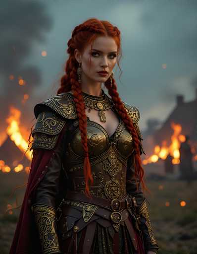 The image depicts a striking scene of a fiery landscape with a woman as the central figure. The background is filled with intense orange flames and thick black smoke, creating a dramatic and chaotic atmosphere. On the right side of the image, a house is partially visible, adding to the sense of destruction. The ground is covered in green grass, contrasting sharply with the fiery backdrop.

In the foreground stands a woman with vibrant red hair styled in two braids that fall over her chest. She has a fair complexion and is adorned with gold earrings. Her attire is elaborate, featuring a gold chest plate and a black leather garment that extends down to her waist. She wears a brown belt with a gold buckle and a red cape that drapes over her shoulders. Her arms are covered in black leather with gold accents, and she has a gold necklace around her neck. The woman's expression is one of determination, as she gazes directly at the viewer.