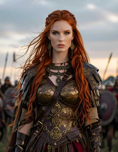 The image depicts a striking scene from the movie "The Northman," featuring the character played by actress Alexander Skarsgård. The central figure is a fierce, red-haired woman adorned in elaborate, medieval-inspired armor. Her outfit includes a gold-plated breastplate and a leather skirt, both intricately designed with golden accents. She also wears a leather vest and shoulder armor, all crafted with the same golden embellishments. Her long, flowing red hair is partially braided, and she sports a pair of earrings. The background is blurred, but it suggests a setting filled with soldiers, adding to the overall atmosphere of the scene.