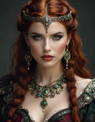 This image showcases a stunning, AI-generated portrayal of a woman with an intricate and ornate design. The background is a deep, dark gray, which accentuates the vivid details of the subject. The woman's hair is a striking, bright red, styled into two elegant braids that frame her face. She wears an elaborate headband adorned with a central jewel, which extends down to her forehead, adding a regal touch to her appearance.

Her makeup is meticulously applied, featuring bold, dark eyeshadow that highlights her light blue eyes. Her cheeks are blushed, and her lips are painted a rich, dark red, adding to her striking beauty. She is adorned with large, dangling earrings that are intricately designed, complementing her ornate headband and adding to the overall grandeur of her look.

Her attire is equally elaborate, with a dress that appears to be made of rich, dark red fabric. The dress is intricately detailed, featuring a low neckline that reveals some cleavage. The bodice is adorned with elaborate gold and green embellishments, which add to the luxurious and opulent feel of her ensemble. The overall design of the dress is both elegant and bold, perfectly complementing the woman's features and the dark background.

This image is a testament to the capabilities of AI in creating highly detailed and lifelike digital art, blending elements of realism with fantasy to produce a captivating and visually stunning portrait.