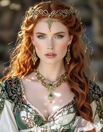 This image features a striking young woman with long, wavy red hair cascading past her shoulders. She has captivating blue eyes and is adorned with an elaborate gold tiara that extends down to her forehead, embellished with a central pearl. Her makeup is meticulously applied, enhancing her natural beauty. She wears long, dangling gold earrings and a matching gold necklace with a prominent green gemstone at its center. Her attire is a medieval-style dress, predominantly green with intricate gold and red patterns, and white sleeves. The dress has a deep V-neckline, revealing some cleavage. The background is blurred, drawing focus to her detailed and ornate appearance.