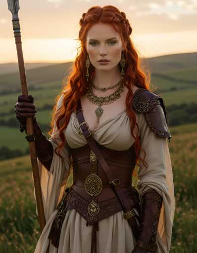 A woman with red hair and a long dress stands in a field at sunset, holding a spear and wearing a necklace of gold and green stones.