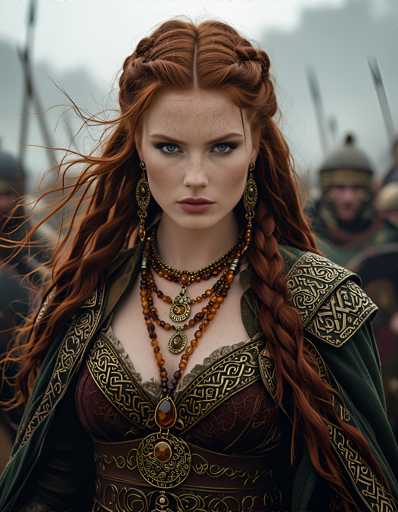 A woman with long red hair and a gold necklace stands in front of a group of people dressed in medieval armor.