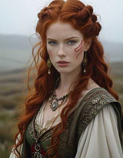 This image features a stunning portrait of a woman with vibrant red hair styled in an intricate updo. Her hair cascades down her back, with loose strands framing her face. She has striking blue eyes and a fair complexion adorned with freckles. A notable feature is the red paint on her right cheek, which forms a distinctive pattern resembling a backward number 4 or a stylized check mark. She is wearing elegant gold earrings that dangle from her ears, each adorned with a pearl at the bottom. Her attire includes a white blouse with a green corset, which is intricately decorated with gold floral patterns. Over her left shoulder, she wears a green fabric piece that features a red border and is embellished with gold floral designs. The background is blurred, drawing focus to her detailed and captivating appearance.