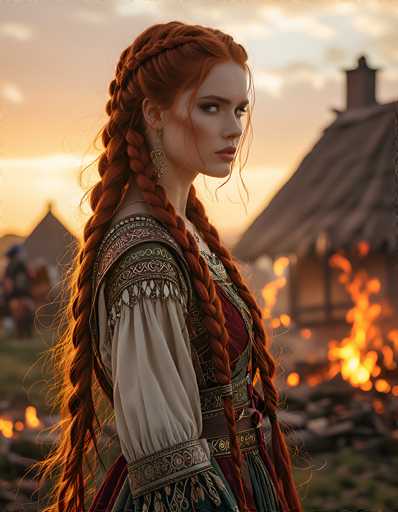 In this captivating image, a woman stands with her back to the camera, her head turned over her right shoulder, gazing directly at the viewer. She has striking red hair styled into two long braids that cascade down her back. Her attire is a medieval dress, predominantly red with intricate green and gold patterns adorning the shoulders and sleeves. The dress features a white, puffy sleeve visible on her right arm. She accessorizes with a delicate necklace and dangling earrings, adding to her regal appearance.

The background is a blurred scene of a medieval setting, with a thatched-roof building on the right side and another structure with a pointed roof on the left. The sky is a mix of blue and gray, suggesting either dawn or dusk. Scattered around the ground are small fires, adding to the rustic ambiance. The overall composition, with its soft focus on the background, emphasizes the woman's detailed and vivid presence, making her the central focus of this enchanting photograph.