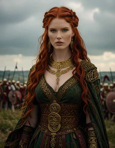 The image shows a woman with red hair wearing a green dress and gold jewelry standing in front of a group of people dressed in medieval armor. The woman is positioned on the left side of the frame, while the people behind her are on the right.