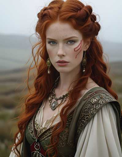 A woman with red hair styled in loose curls and wearing a green dress with gold accents stands against a backdrop of a grassy field under an overcast sky.