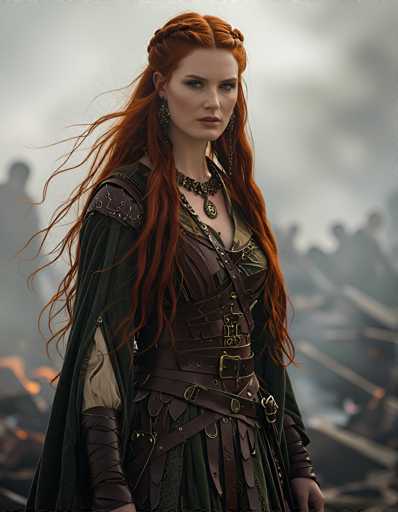 A striking image features a woman with long, flowing red hair, styled with a braid at the top. She is adorned in a medieval-inspired outfit, predominantly green with intricate brown leather straps that crisscross her chest and waist. Her attire includes a green dress with a white undershirt, and she wears a green cape that adds to her regal appearance. A necklace with a skull pendant hangs around her neck, complementing her long, dangling earrings. The background is a smoky gray, with indistinct figures that suggest a battle scene, adding to the dramatic atmosphere. The woman stands with her hands at her sides, gazing directly at the camera, exuding a sense of strength and determination.
